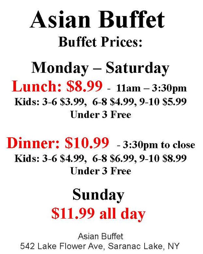 Buffet Prices - Asian Buffet Saranac Lake, NY