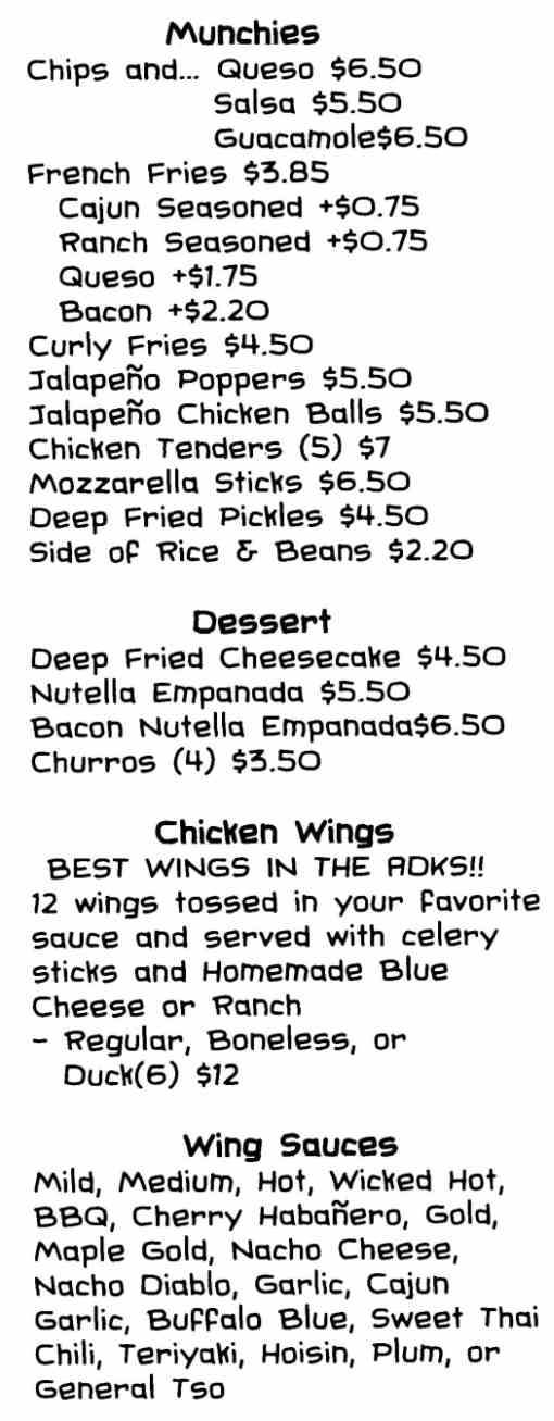 Page 1 of menu, Borracho Taco Saranac Lake, NY