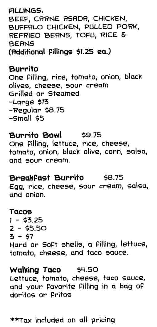 Page 2 of menu, Borracho Taco Saranac Lake, NY