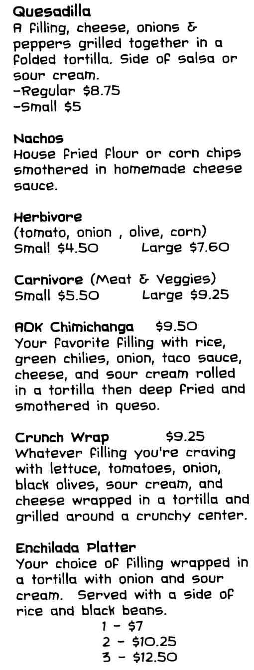 Page 3 of menu, Borracho Taco Saranac Lake, NY