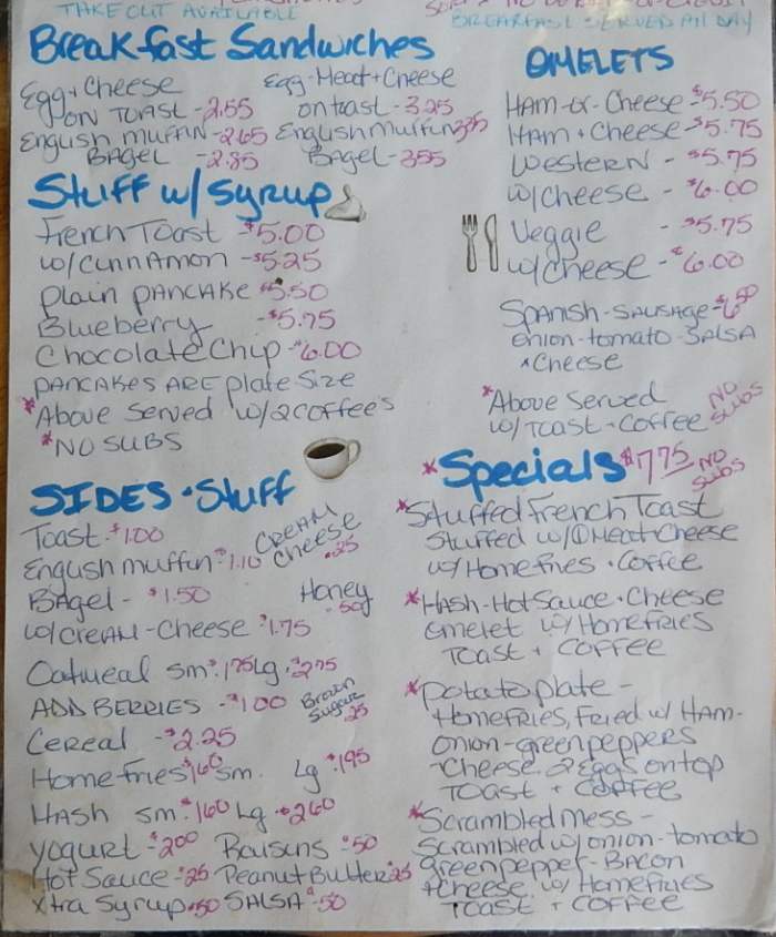 Page 1 of menu, DJ's Rustic Restaurant Saranac Lake, NY