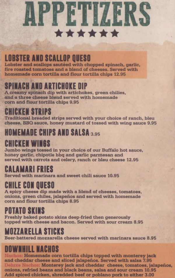 Page 1 of menu, Downhill Grill Saranac Lake, NY