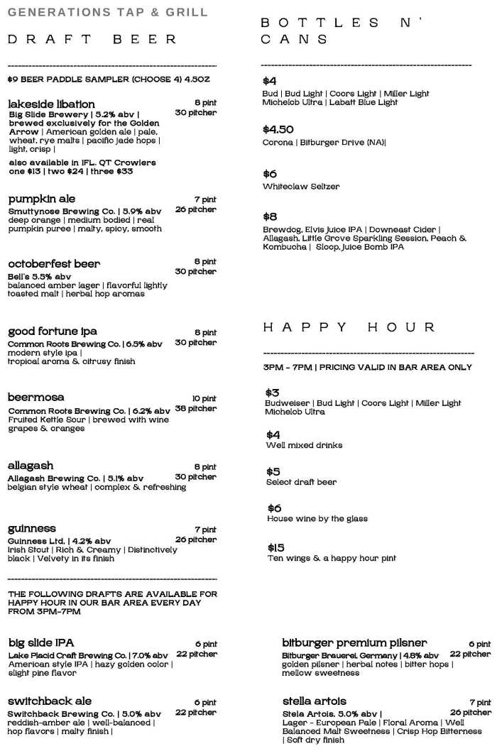 Draft & Bottled Beer List, Happy Hour 3pm - 7pm, Generations Tap & Grill in Lake Placid, NY