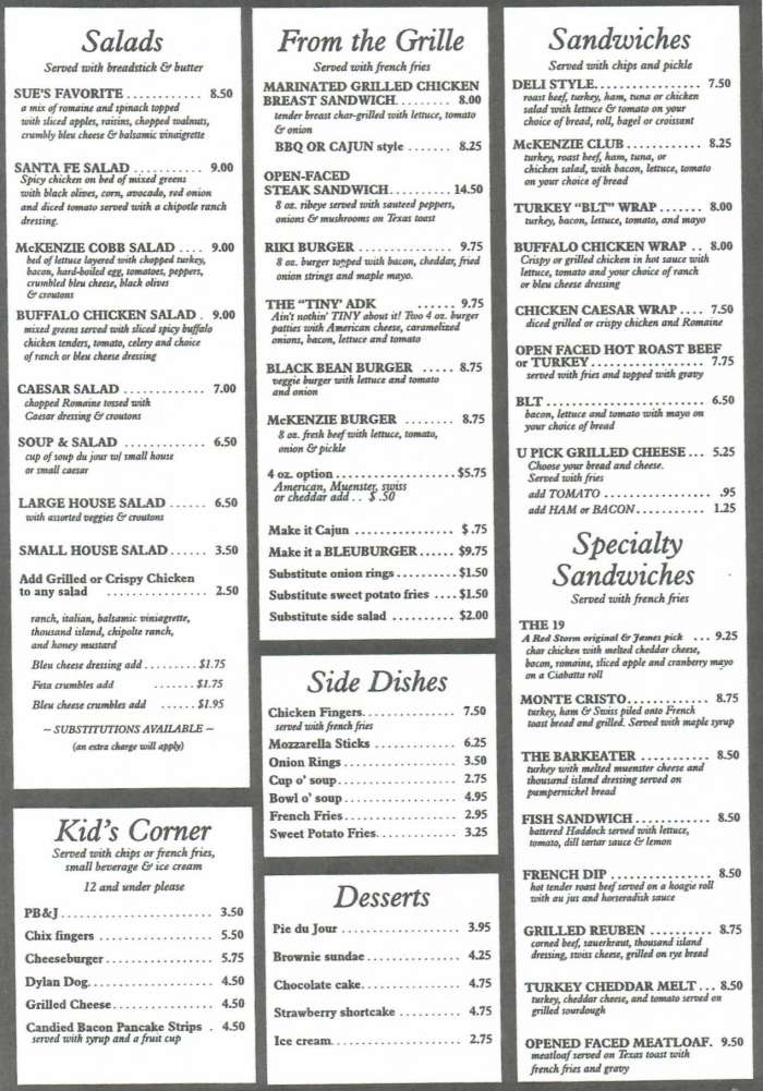 Page 2 of menu, McKenzie's Grille Saranac Lake, NY