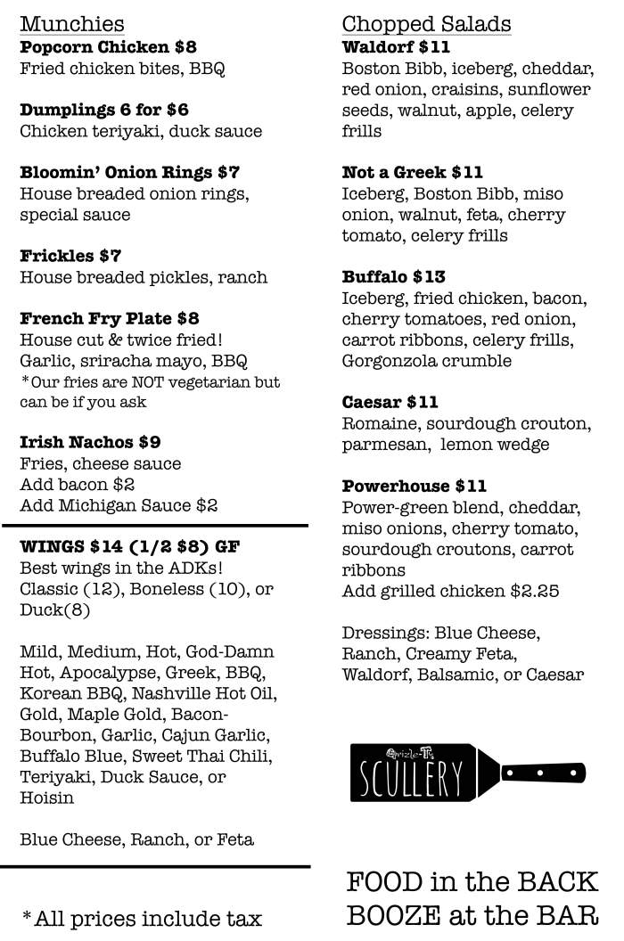 Page 1 of menu, Grizle T's Scullery Saranac Lake, NY