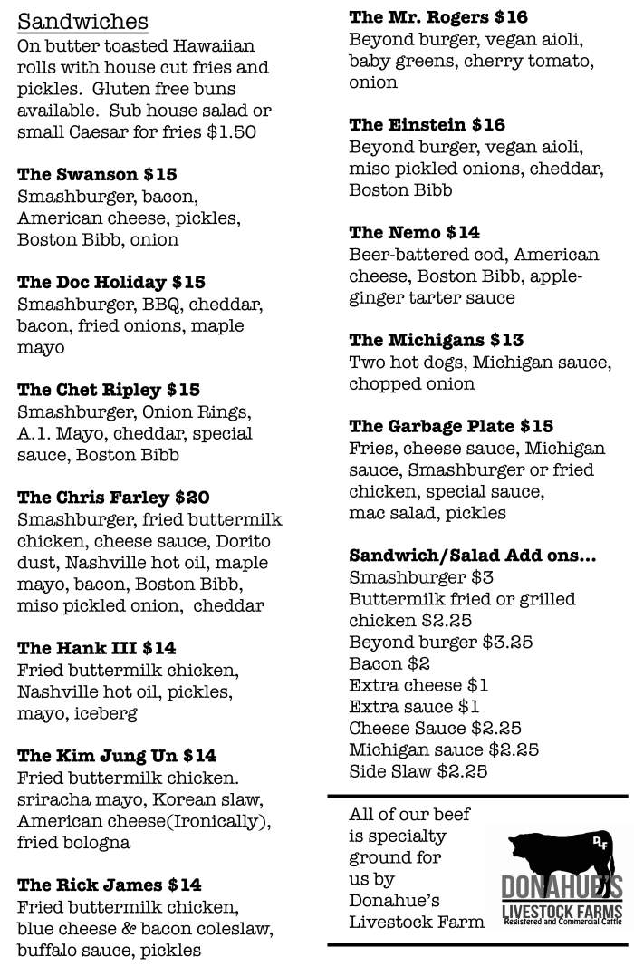 Page 2 of menu, Grizle T's Scullery Saranac Lake, NY